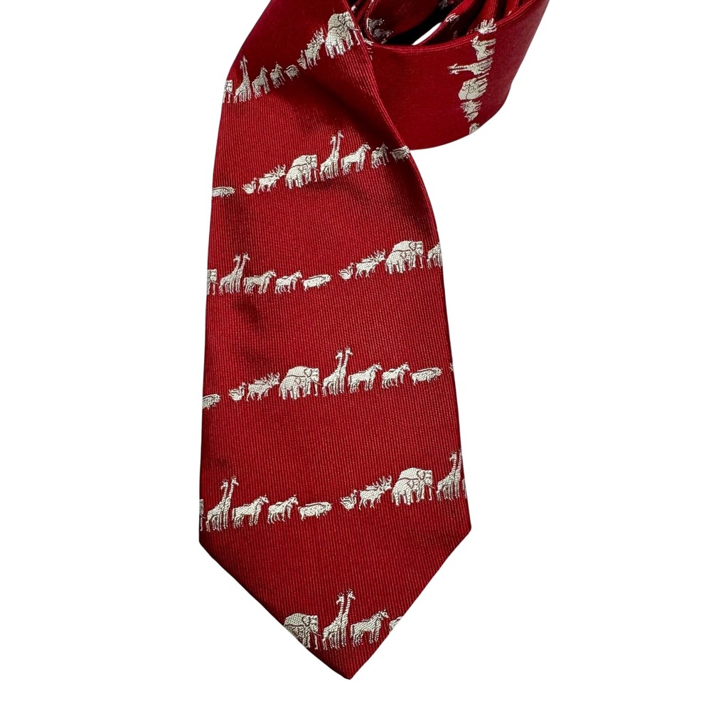 Ben Silver Red Silk Animal Parade Tie Elephant Giraffe Zebra Moose English Silk